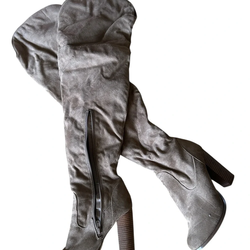 Tan Thigh High Chunky Heel Boots